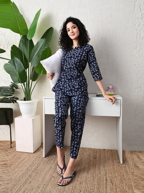 Ichaa Blue Cotton Regular Fit Printed Night Suit-picture-32