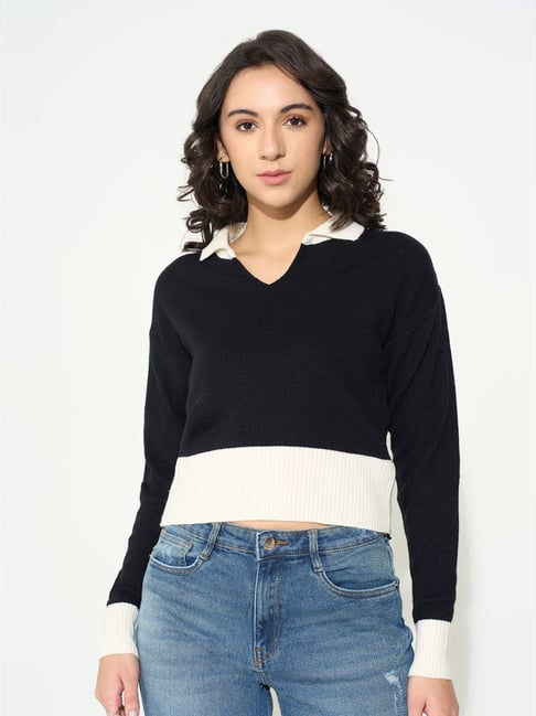 Sf Jeans By Pantaloons Jet Black Slim Fit Color-Block Sweater-picture-22