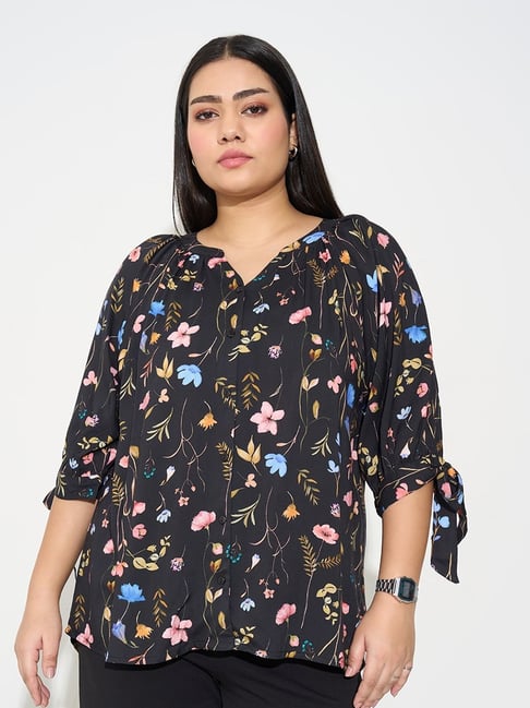 Honey Curvytude By Pantaloons Jet Black Regular Fit Floral Print