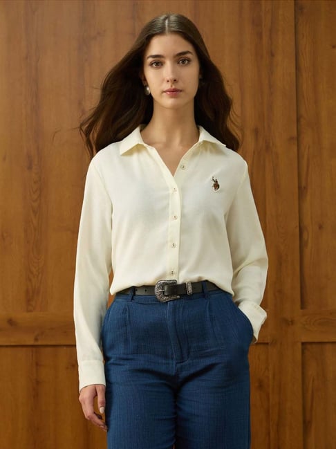 U.S. Polo Assn. Off White Cotton Regular Fit Shirt