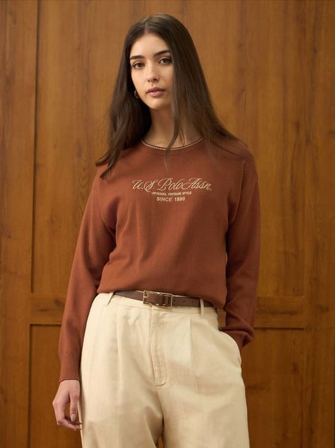 U.S. Polo Assn. Orange Cotton Regular Fit Logo Printed Sweater