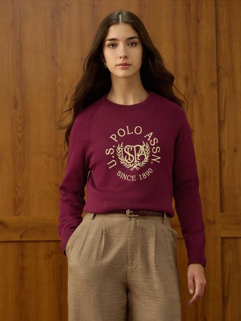 U.S. Polo Assn. Maroon Cotton Regular Fit Logo Printed Sweater