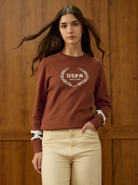 U.S. Polo Assn. Brown Cotton Relaxed Fit Logo Printed Sweater