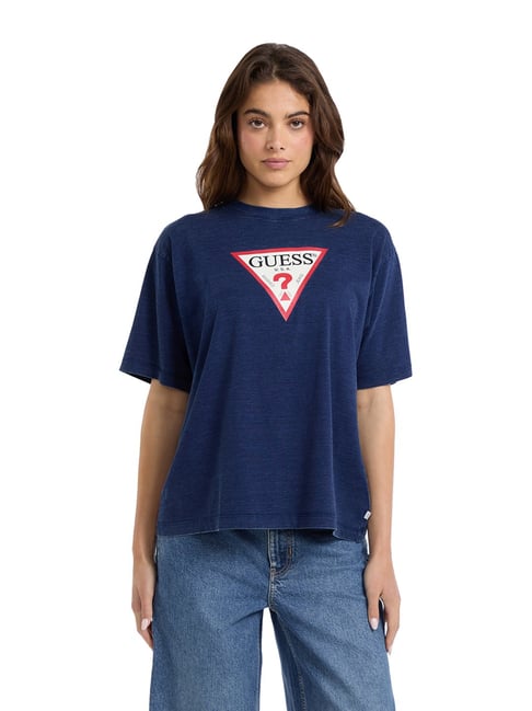 Guess Jeans Blue Iconic Logo Printed Oversized Iconic Tee