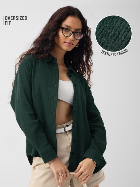 The Souled Store Solids Emerald Green Oversized Shirt-picture-33