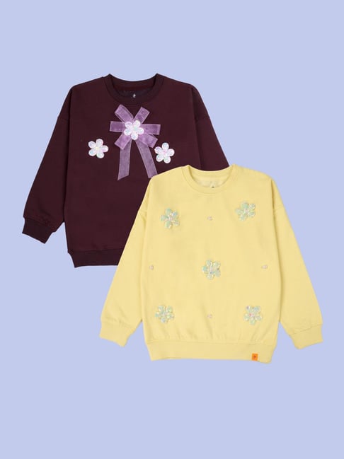 Kiddopanti Girls Wine & Pop Yellow Printed Sweatshirt - Pack of 2-picture-11