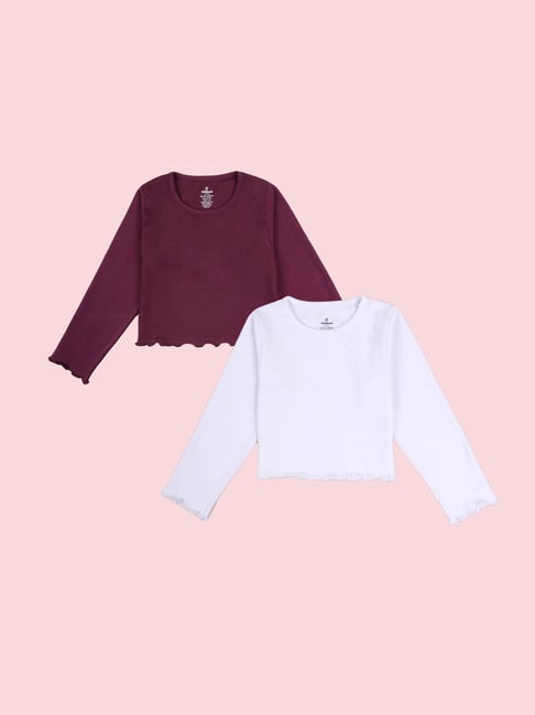 Kiddopanti Girls Wine & White Cotton Crop Top - Pack of 2-picture-18