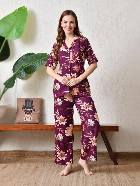 AO Services Maroon Relaxed Fit Floral Night Suit-picture-22