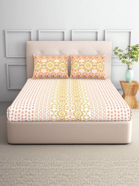 Spaces Cream Polycotton Floral 132 TC Double Bedsheet with 2 Pillow Covers-picture-43