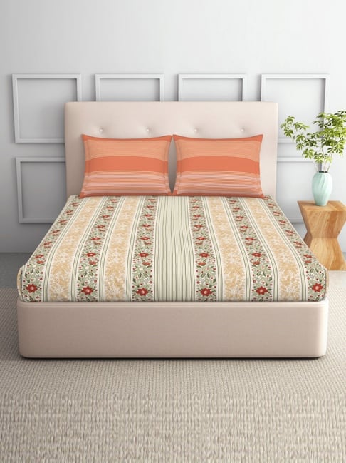 Spaces Beige Polycotton Floral 132 TC Double Bedsheet with 2 Pillow Covers-picture-29