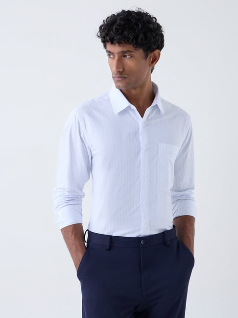 WES Formals by Westside White Stripe Pattern Slim-Fit Cotton Shirt-picture-35