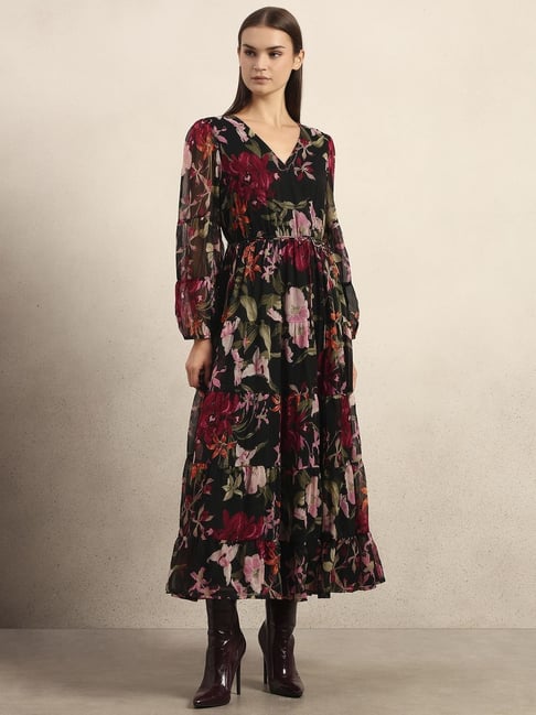 Vero Moda Black Cocoa Floral Printed Tiered Flared Fit Dress