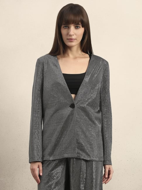 Vero Moda Grey Woven Design Regular Fit Metallic Blazer-picture-15