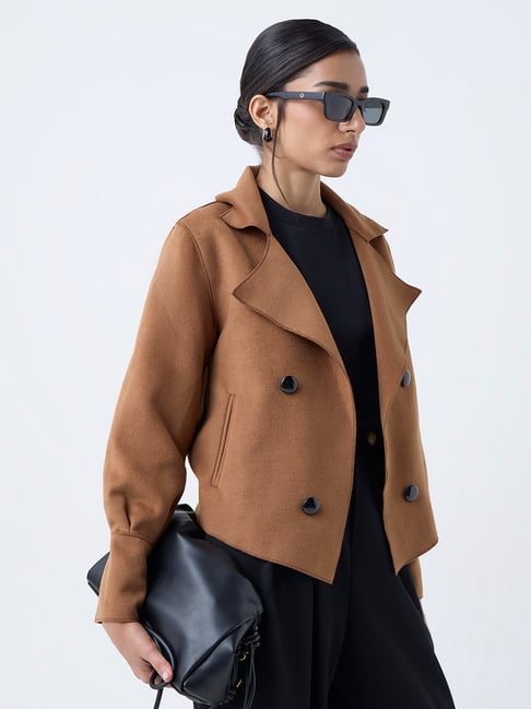 Wardrobe by Westside Tan Solid Faux Suede Jacket