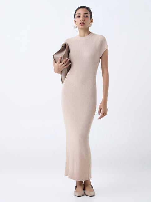 Wardrobe by Westside Beige Ribbed-Textured Bodycon Dress