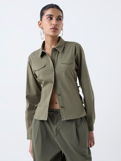 nuon women Nuon by Westside Olive Criss-Cross Detailed Cotton-Blend Shirt-picture-22