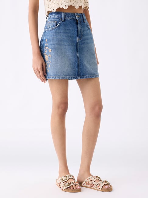 Bombay Paisley by Westside Blue Embroidered High-Rise Denim Skirt