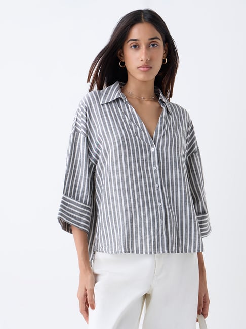 LOV by Westside Grey Striped Blouse