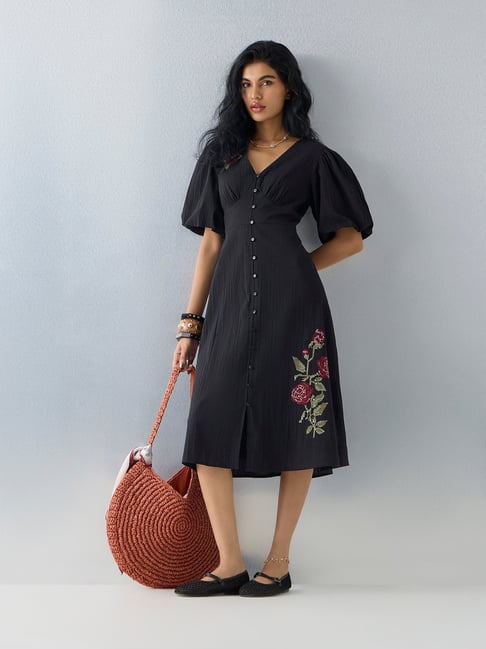 Bombay Paisley by Westside Black Embroidered Cotton A-Line Dress