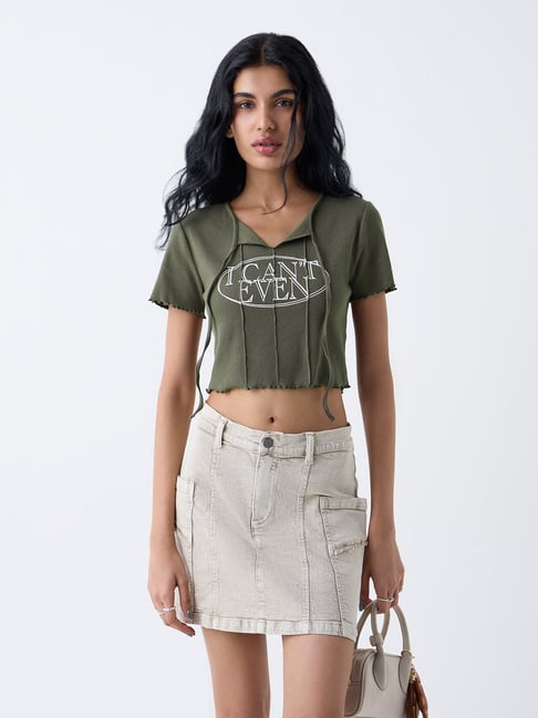 nuon women Nuon by Westside Olive Text Detailed Cotton-Blend T-Shirt-picture-33