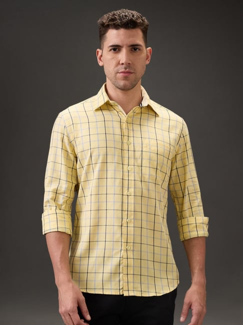 Kenneth Cole Yellow Cotton Checked Slim Fit Shirt-image-24
