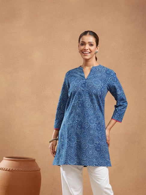 Fabindia Indigo Cotton Printed Slim Fit Kurti