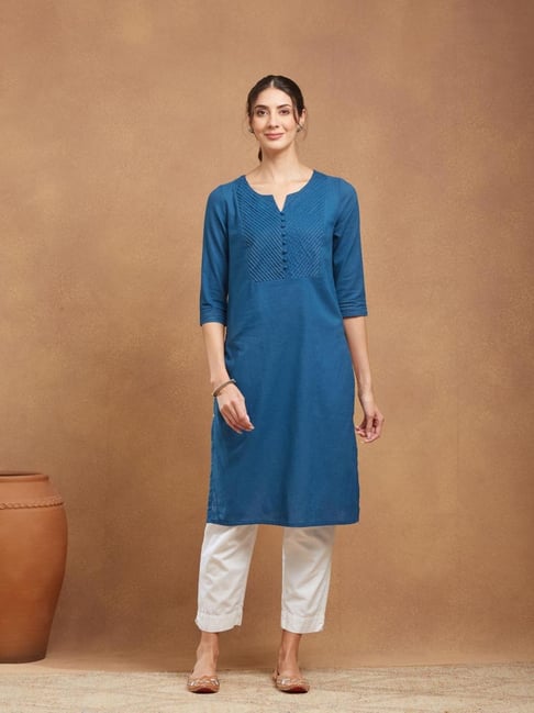 Fabindia Navy Cotton Solid Regular Fit Kurti-picture-28