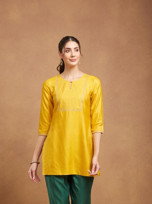 Fabindia Mustard Viscose Silk Embroidered Slim Fit Short Kurti