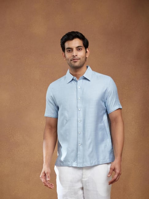 Fabindia Blue Viscose Silk Solid Straight Fit Shirt