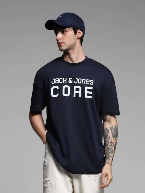 Jack & Jones Navy Cotton Oversized Logo Printed T-Shirt