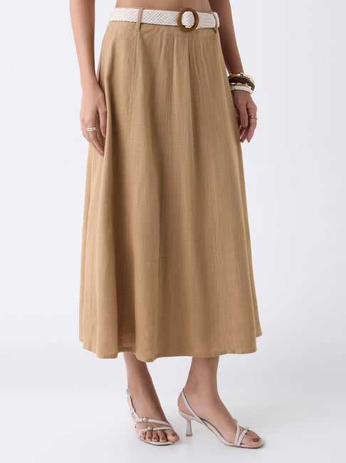 LOV by Westside Beige Solid Midi Skirt with Belt