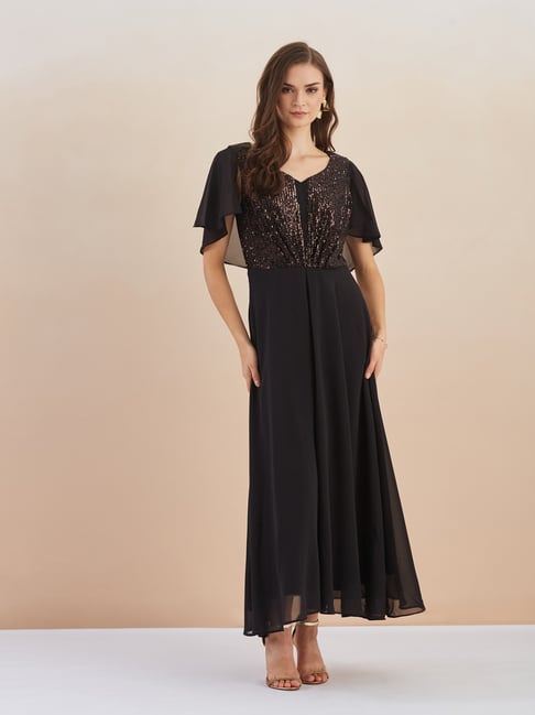 strapless open back dress Aawari Women's Black Maxi Dresses with Floral Embroidery