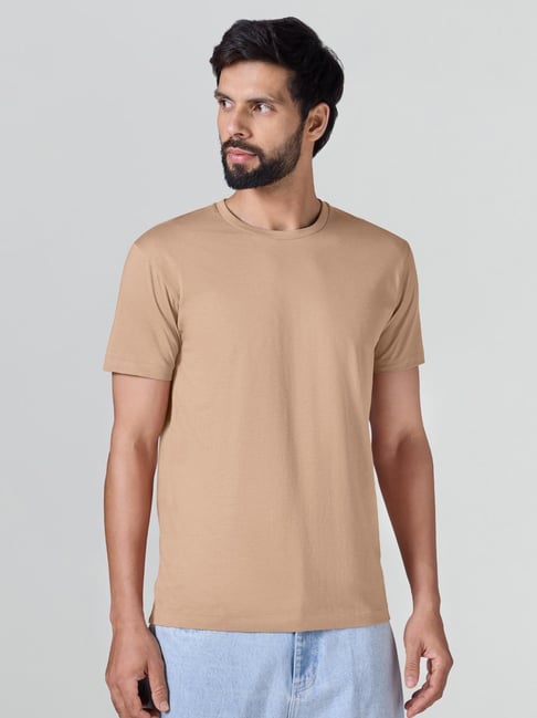 XYXX Brown Latte Cotton Regular Fit Solid T-Shirt