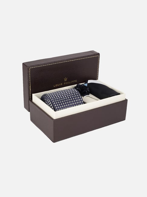 Louis Philippe Navy Printed Tie, Pocket Square with Cufflink
