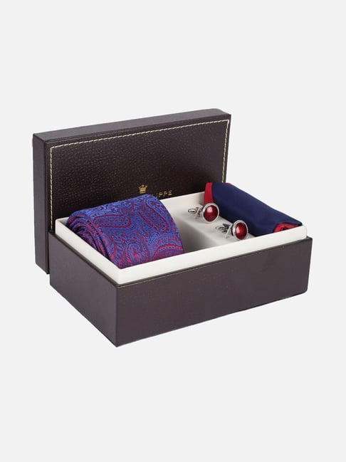 Louis Philippe Blue Embroidered Tie, Pocket Square with Cufflink