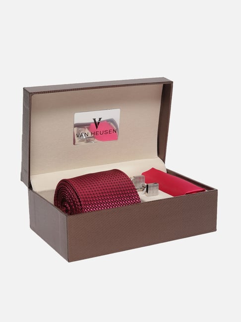 Van Heusen Maroon Embroidered Tie, Pocket Square with Cufflink