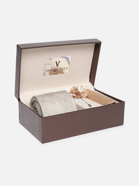 Van Heusen Beige Embroidered Tie, Pocket Square with Cufflink