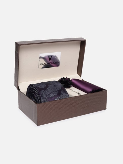 Van Heusen Purple Embroidered Tie, Pocket Square with Cufflink