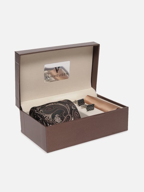 Van Heusen Brown Embroidered Tie, Pocket Square with Cufflink