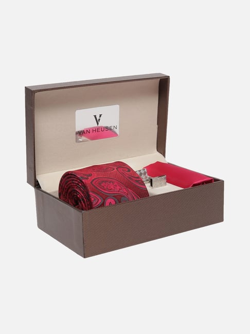 Van Heusen Red Embroidered Tie, Pocket Square with Cufflink-picture-30