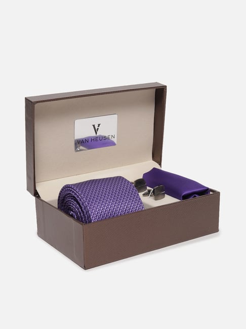 Van Heusen Purple Embroidered Tie, Pocket Square with Cufflink