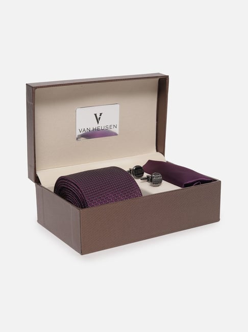 Van Heusen Purple Embroidered Tie, Pocket Square with Cufflink
