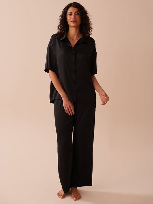 La Vie En Rose Black Satin Pajama Set-picture-17