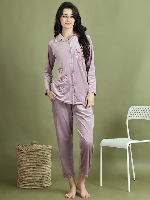 TAG 7 Lavender Velvet Floral Print Night Suit