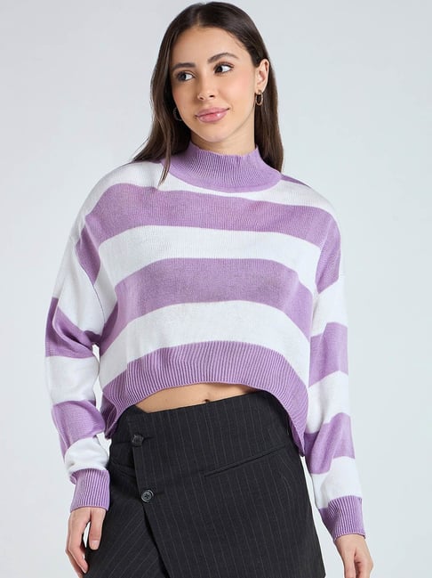 Bewakoof Women's White Purple Striped Oversized Crop Sweater