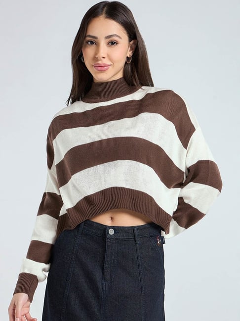 Bewakoof Women's Off White & Brown Striped Oversized Crop Sweater-picture-21