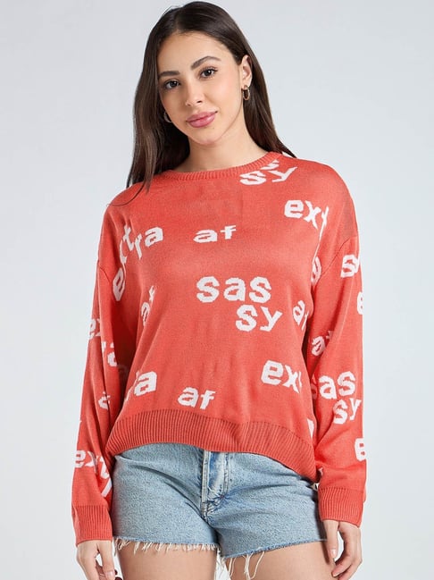 Bewakoof Women's Hot Coral Pink All Over Printed Oversized Sweater