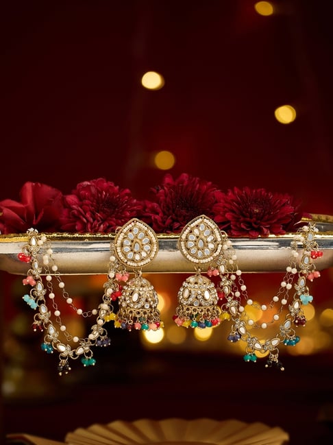 Zaveri Pearls Multicolor Beads Dazzling Stone Antique Plated Jhumka Earrings with Ear Chain-picture-30