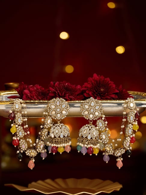 Zaveri Pearls Multicolor Beads Dazzling Stone Antique Plated Jhumka Earrings with Ear Chain-picture-31
