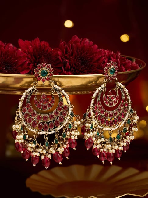 Zaveri Pearls Rani Pink & Green Stones Beads Antique Plating Statement Chandbali Earring